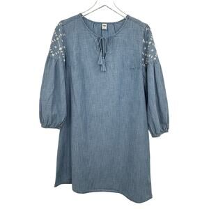 Old Navy dress women's M puff sleeve embroidered tassel tie chambray blue boho